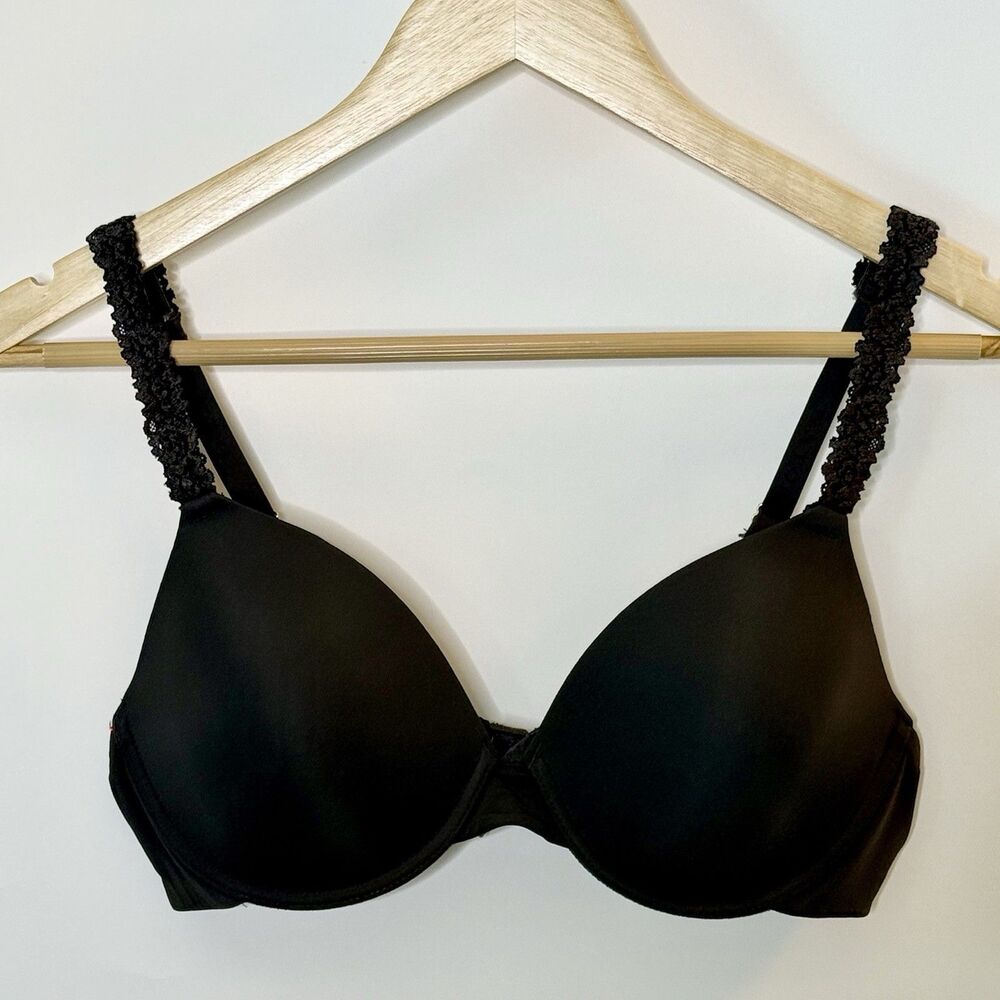 NATORI Rose Dream Padded T-Shirt Bra Size 36B Black Lace Straps Underwire 731080